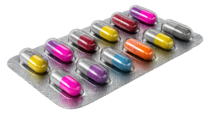 Colorful medication capsules in blister pack isolated on transparent background
