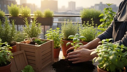 Vertical poster focusing on urban gardening: potted herbs, compost bin, hands planting basil, soft golden hour light, city balcony visible in background.