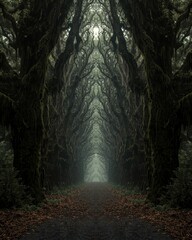 Fototapeta premium Mysterious path through a dark, symmetrical forest with atmospheric fog and looming trees