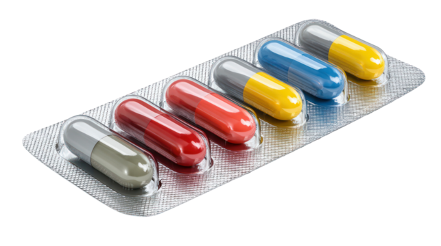 Blister pack of colorful capsules isolated on transparent background
