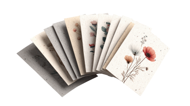 Pack of seed paper greeting cards fanned out on white background