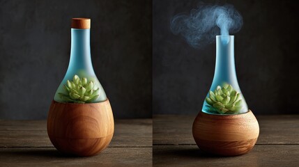 Decorative essential oil diffuser featuring a natural plant and wood base operates in two states