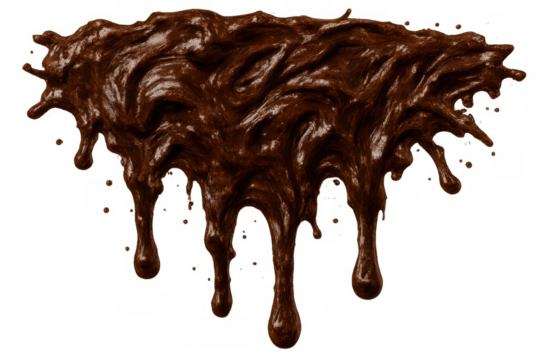 Melted dark chocolate dripping and splattering, sweet dessert sauce flowing with a gooey texture