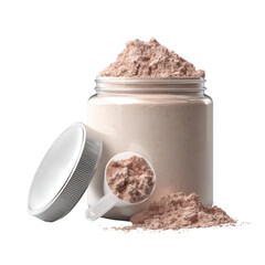 Jar of protein powder with scoop isolated on transparent background