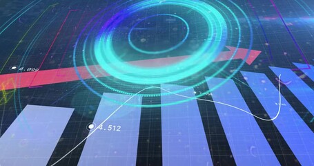 Circular HUD appearing at start, pulsing and rotating while red arrow and trend line showing data - Powered by Adobe