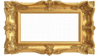 Ornate gold picture frame with intricate carvings and a blank white space for content.