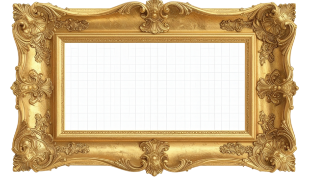Ornate gold picture frame with intricate carvings and a blank white space for content.