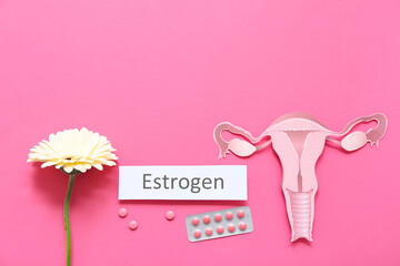 Word ESTROGEN with blister of hormonal pills, paper uterus and flower on pink background