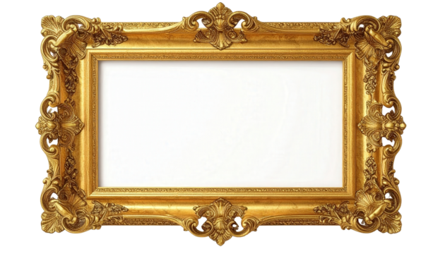 Ornate gold picture frame with intricate carvings and a blank white space.