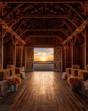 Rustic barn interior with hay bales, sunflowers, and sunset view, warm golden light
