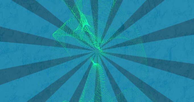 Green particle ribbon appearing upper-left, rotating toward center, morphing to show energy