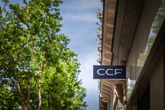PARIS, FRANCE - JUNE 22, 2025: CCF bank branch in Paris shows the blue logo sign of Credit Commercial de France mounted on a building facade. CCF is a french bank, formerly HSBC owned.