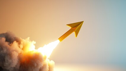 Abstract explosion simulation with flying arrow sign illustrating fast business growth, financial progress, startup potential, future innovation, market opportunity and upward revenue success concept