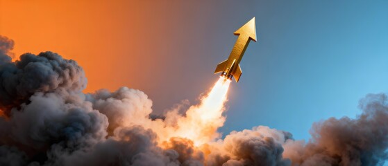 3D explosion simulation with glowing arrow sign in abstract sky background symbolizing financial increase, business innovation, startup progress, future goal direction and market vision