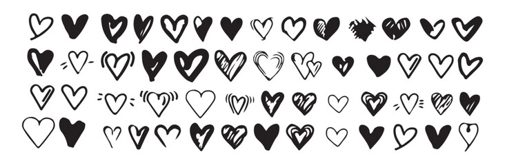 Hand drawn heart shapes. Variety of doodle love icons. Sketchy heart collection. Expressive heart set.