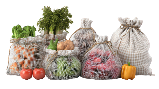 Assortment of fresh vegetables in reusable produce bags isolated on transparent background