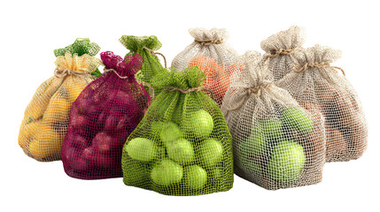 Assortment of fresh produce in mesh bags isolated on transparent background