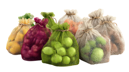 Assortment of fresh produce in mesh bags isolated on transparent background