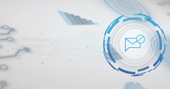 Badge appearing, HUD forming and rotating, circuit lines flowing for highlighting envelope alert