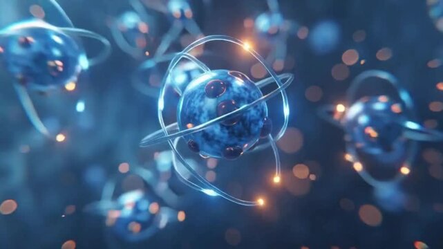 A detailed digital rendering of stylized blue atoms with glowing nuclei and electrons orbiting on intricate paths amidst sparkling energy particles.