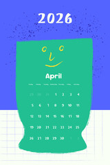 A colorful minimalist 2026 calendar featuring abstract character shapes with friendly faces. Each month is designed with bold colors, simple geometric forms, and a fun hand-drawn aesthetic. Perfect fo