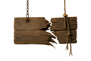 Broken wooden old sign board blank hanging, rustic cracked wood texture, empty signboard space, transparent background