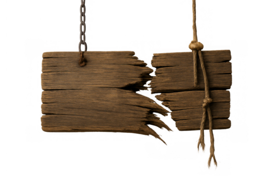 Broken wooden old sign board blank hanging, rustic cracked wood texture, empty signboard space, transparent background