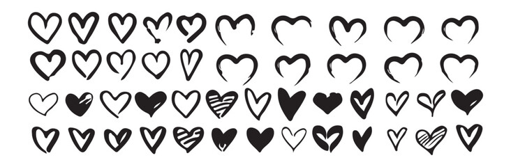 Heart doodles collection. Hand drawn full solid hearts. Vector illustration design elements. Shihouette shapes.