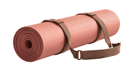 Rolled up pink yoga mat with straps isolated on transparent background