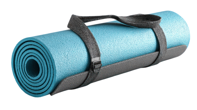 Rolled up blue camping mat with straps isolated on transparent background