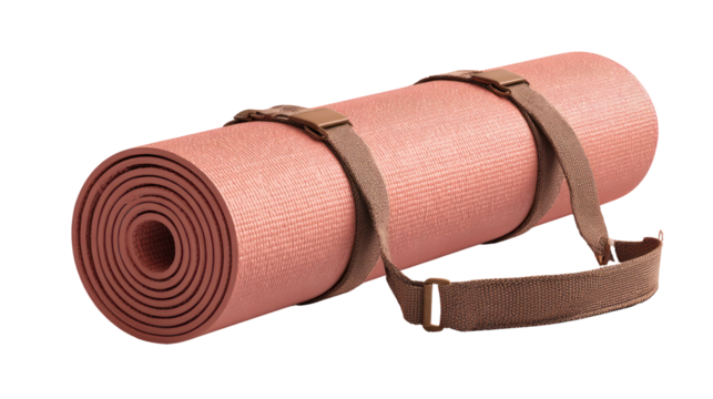 Rolled up pink yoga mat with straps isolated on transparent background