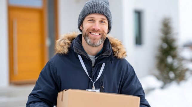 A friendly delivery person holding a brown cardboard package in front of a snow-covered house door, smiling warmly, wearing uniform and winter hat, highlighting customer service in all weather
