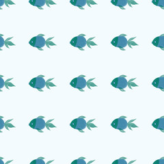 Seamless pattern with small blue fish evenly arranged on a light background. Soft textured shapes create a playful marine look suitable for textiles, wrapping paper, stationery and decor.
