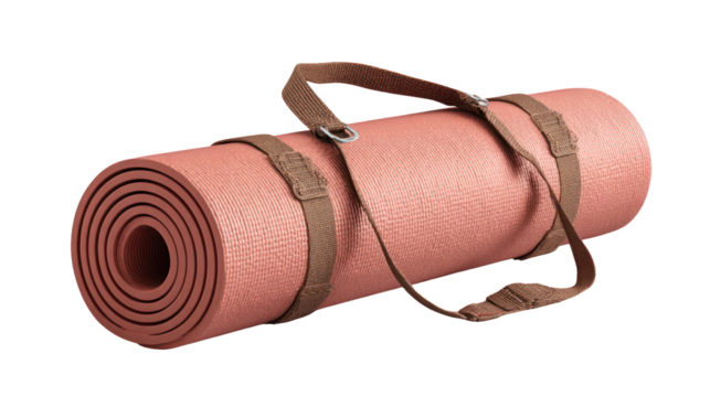 Rolled up pink yoga mat with straps isolated on transparent background