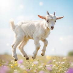Obraz premium Adorable White Baby Goat Leaping Joyfully in a Vibrant Spring Meadow Under a Bright Blue Sky.
