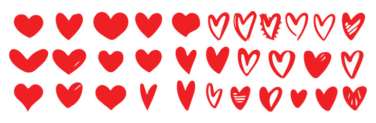 Solid red heart shapes. Variety of stylized love icons. Silhouette heart collection. Graphic elements.