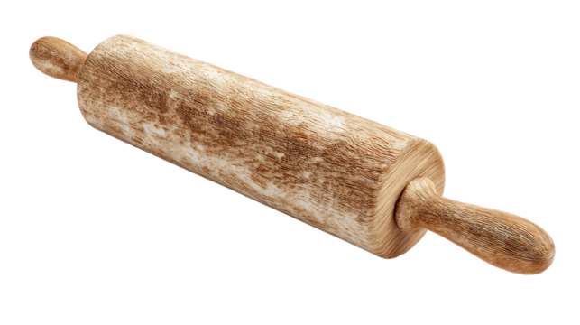 Antique wooden rolling pin with ornate carved pattern isolated on transparent background
