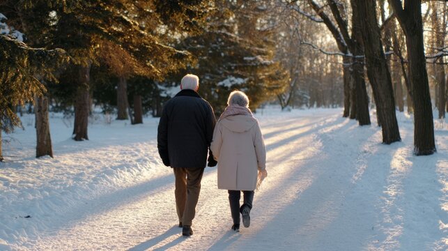 Elderly couple walking hand-in-hand along a snow-covered park path, wearing elegant winter coats and scarves, captured from behind or side profile under golden hour sunlight filtering through trees, c