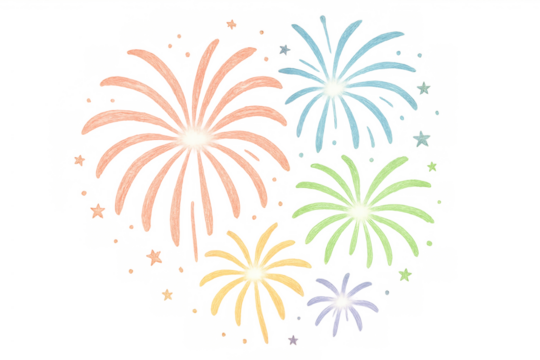 Colorful fireworks exploding, creating a festive celebration of light, joy, and sparkling pyrotechnics on transparent background