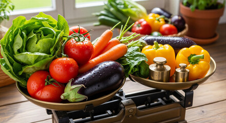 Fresh vegetables on scale for healthy diet concept and weight loss advertising