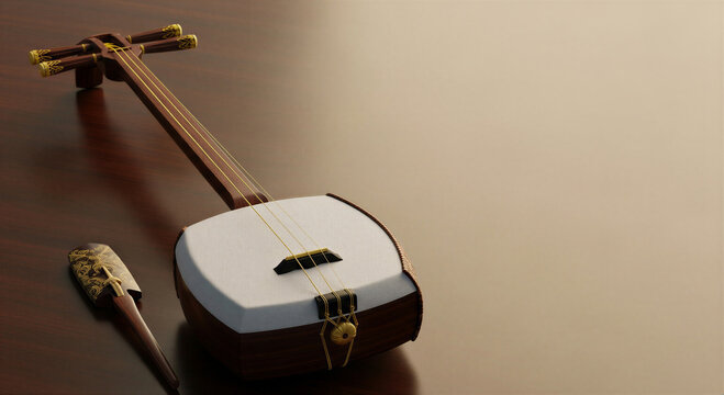 Shamisen musical instrument on wooden table for Japan culture festival and classical music event