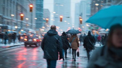 Fototapeta premium Cinematic metropolitan street scene in heavy snowfall, people walking with umbrellas and coats, motion blur for anonymity, traffic lights and headlights reflecting on wet asphalt, busy urban winter at