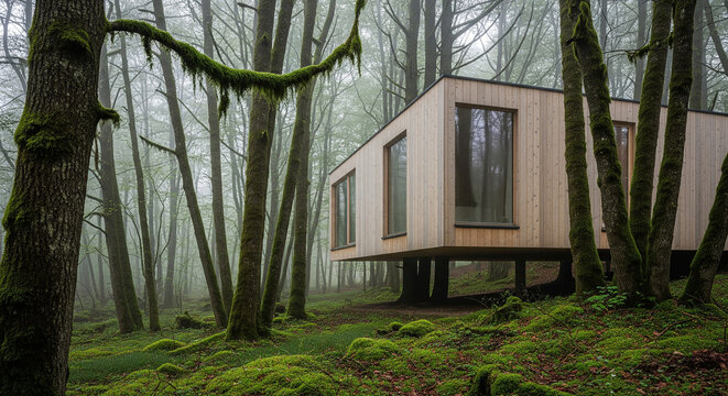 Photoreal view of a small rectangular cabin surrounded by wet grass and dark tree trunks, suggesting a fresh post‑rain atmosphere; ideal for off‑grid living, editorial stories.