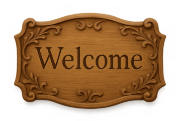 Ornate carved welcome sign with elegant filigree design on a warm brown wooden plaque, greeting visitors