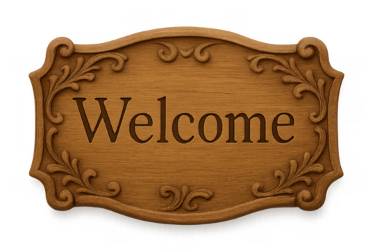 Ornate carved welcome sign with elegant filigree design on a warm brown wooden plaque, greeting visitors - Powered by Adobe