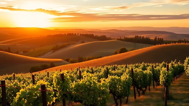 terroir. A picturesque vineyard landscape with rolling hills bathed in warm sunset light. inspiring travel planning, travel magazines, designed for travel destination branding.