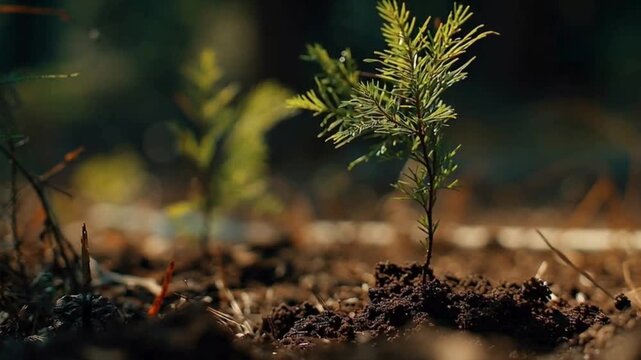A close-up of a small evergreen sapling taking root in dark soil with a soft-focus background.