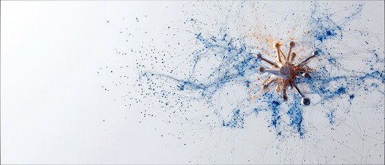 A central, spiky, metallic object resembling a virus particle is surrounded by a dynamic, interconnected web of blue and orange particles on a white background.
