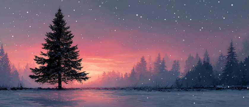Winter landscape with snow falling on pine trees at dusk background - Powered by Adobe