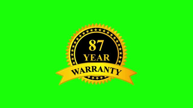 Golden 87 year warranty badge with ribbon on green screen background, premium quality guarantee label, certification seal, quality assurance, product guarantee seal, metallic gold warranty card